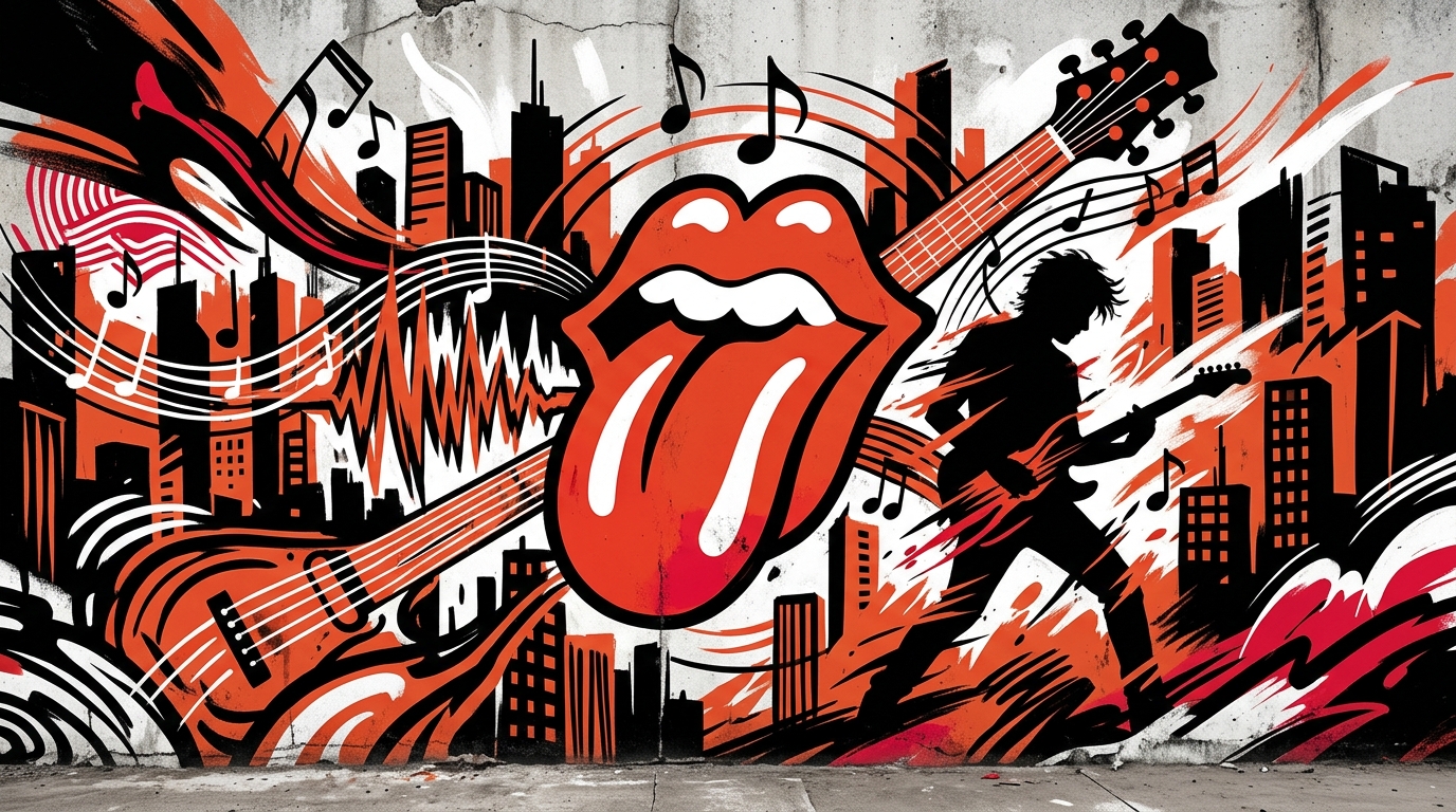 Ilustración urbana y colorida sobre el concierto de Ron Wood en Argentina, con la lengua icónica del rock como protagonista.