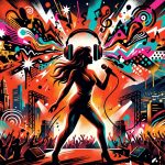 Ilustración urbana de la gira de Karol G. Silueta femenina con audífonos y notas musicales sobre una ciudad con colores vibrantes.
