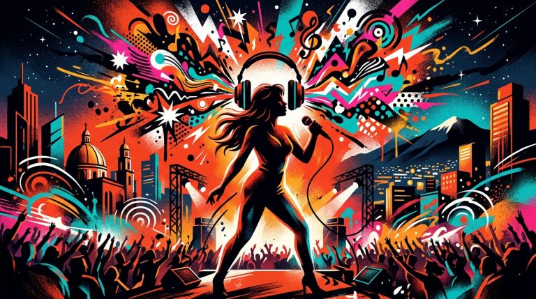 Ilustración urbana de la gira de Karol G. Silueta femenina con audífonos y notas musicales sobre una ciudad con colores vibrantes.