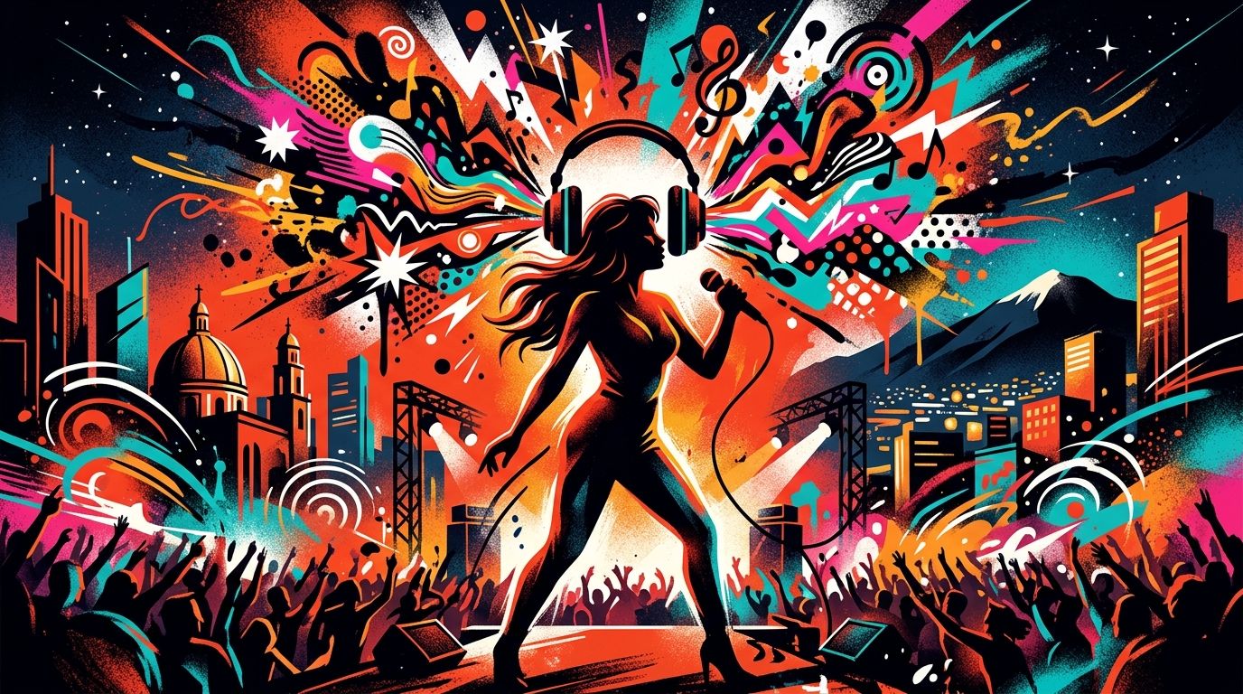 Ilustración urbana de la gira de Karol G. Silueta femenina con audífonos y notas musicales sobre una ciudad con colores vibrantes.