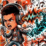 Ilustración urbana de la rebelión del rock en vivo contra los algoritmos. Estilo arte digital venezolano de un festival de música.