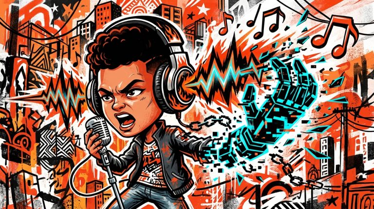 Ilustración urbana de la rebelión del rock en vivo contra los algoritmos. Estilo arte digital venezolano de un festival de música.