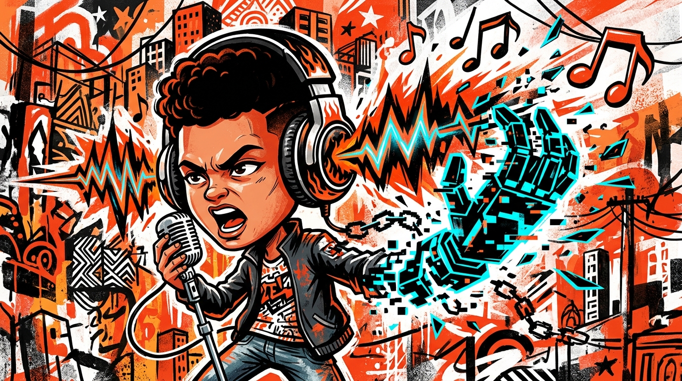 Ilustración urbana de la rebelión del rock en vivo contra los algoritmos. Estilo arte digital venezolano de un festival de música.