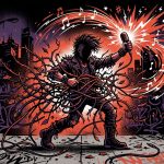Ilustración de arte urbano sobre el regreso de Faith No More. Un músico rompe unas ataduras y canta en un micrófono.