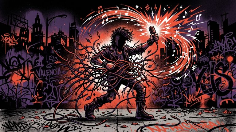 Ilustración de arte urbano sobre el regreso de Faith No More. Un músico rompe unas ataduras y canta en un micrófono.