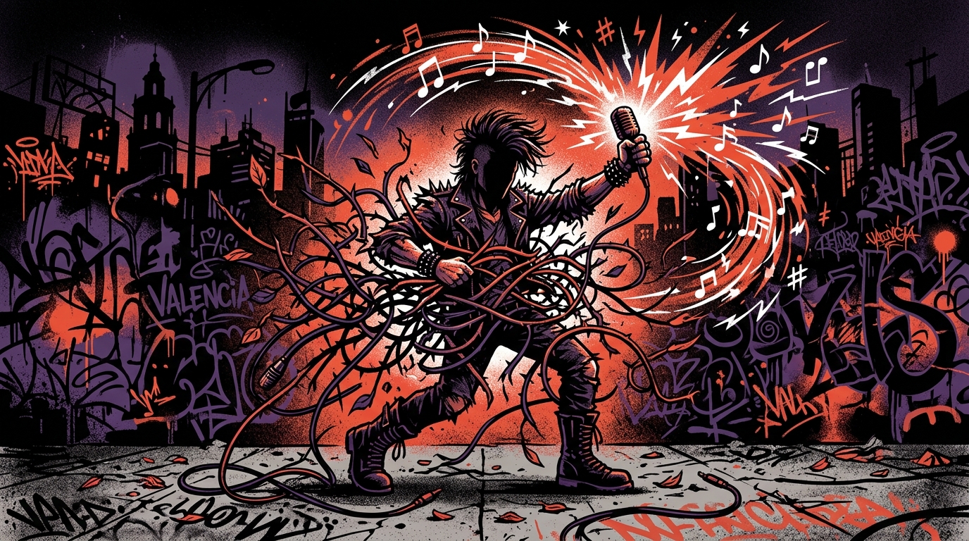 Ilustración de arte urbano sobre el regreso de Faith No More. Un músico rompe unas ataduras y canta en un micrófono.