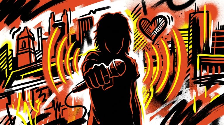 Ilustración urbana de un rockstar. Homenaje al legado de unión de Lou Koller de Sick of It All en la escena hardcore.