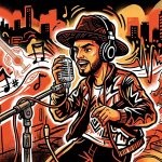 Ilustración urbana de Luis R. Conriquez y su álbum Muchacho Alegre, con estilo de graffiti y colores de Bonchona Radio.
