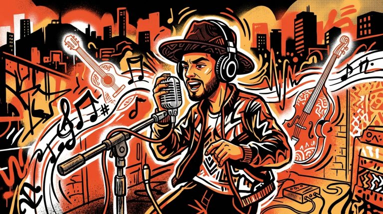 Ilustración urbana de Luis R. Conriquez y su álbum Muchacho Alegre, con estilo de graffiti y colores de Bonchona Radio.