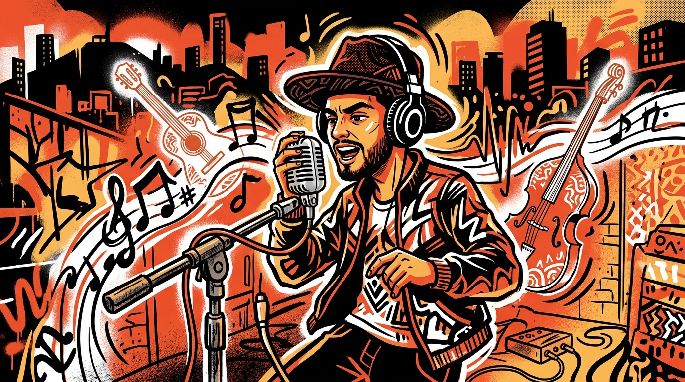 Ilustración urbana de Luis R. Conriquez y su álbum Muchacho Alegre, con estilo de graffiti y colores de Bonchona Radio.