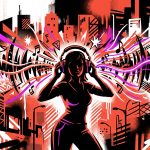 Ilustración de arte urbano celebrando la gira 'Marcriá' de RaiNao con una explosión de música y colores vibrantes en la ciudad.