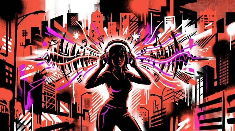 Ilustración de arte urbano celebrando la gira 'Marcriá' de RaiNao con una explosión de música y colores vibrantes en la ciudad.