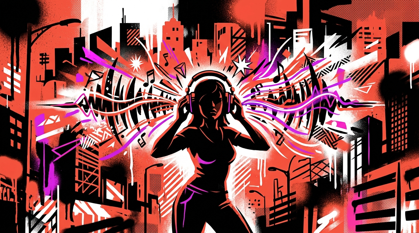 Ilustración de arte urbano celebrando la gira 'Marcriá' de RaiNao con una explosión de música y colores vibrantes en la ciudad.