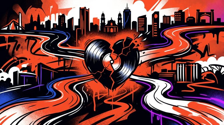 Ilustración urbana de un corazón roto de vinilo, simbolizando la separación del grupo de K-Pop KARD. Estilo graffiti vibrante.