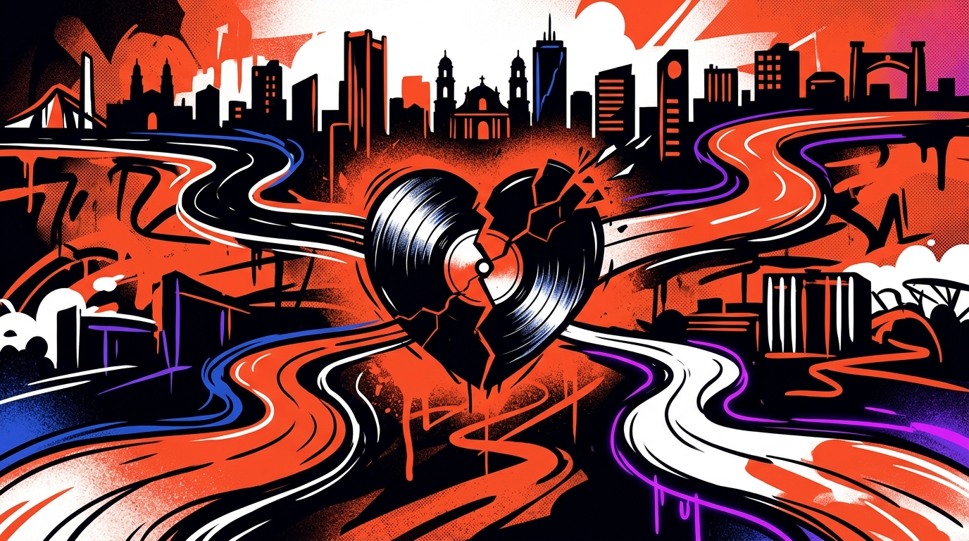 Ilustración urbana de un corazón roto de vinilo, simbolizando la separación del grupo de K-Pop KARD. Estilo graffiti vibrante.
