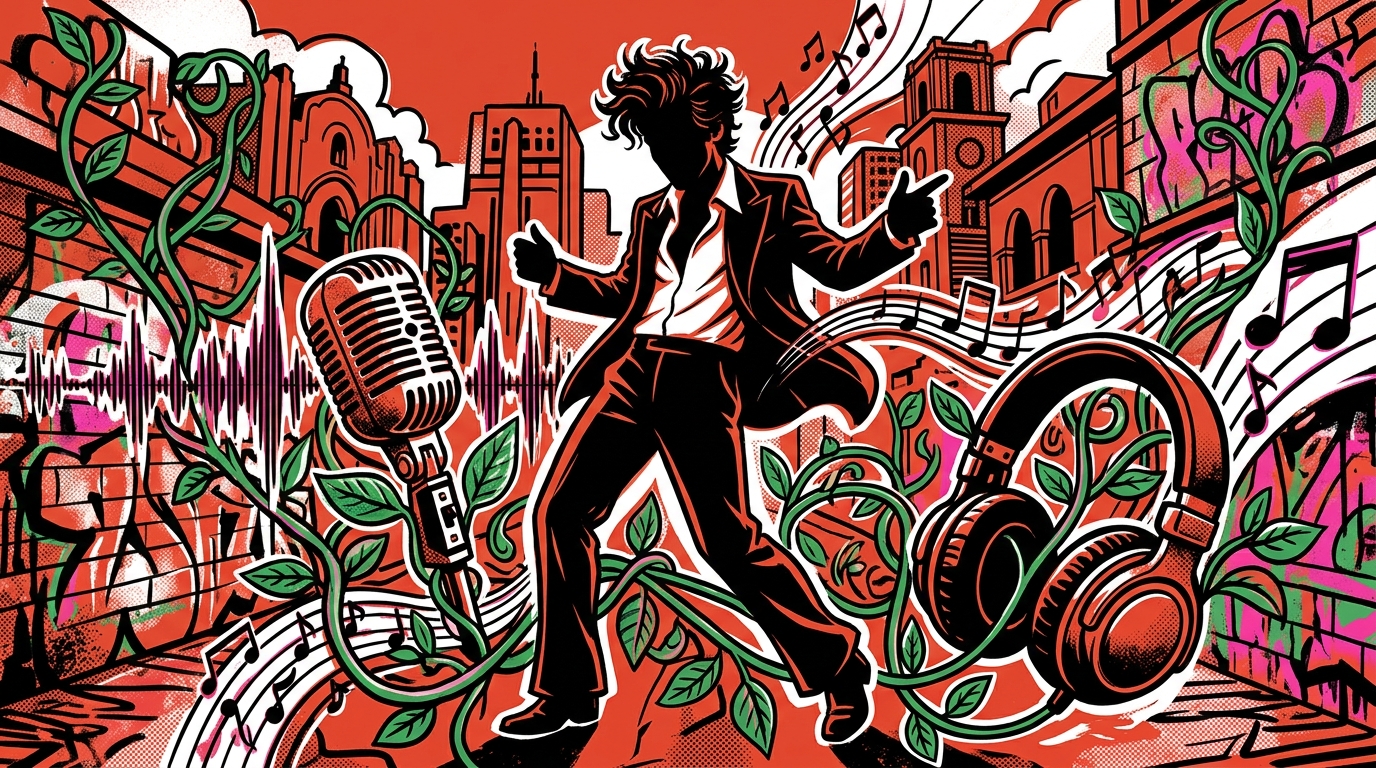 Ilustración urbana sobre el concierto sostenible de Harry Styles. Música y ecología se fusionan en un estilo graffiti juvenil.