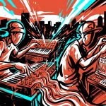 Ilustración de arte urbano sobre la colaboración en vivo de LATIN MAFIA y Fred Again.. con elementos musicales y de Valencia.