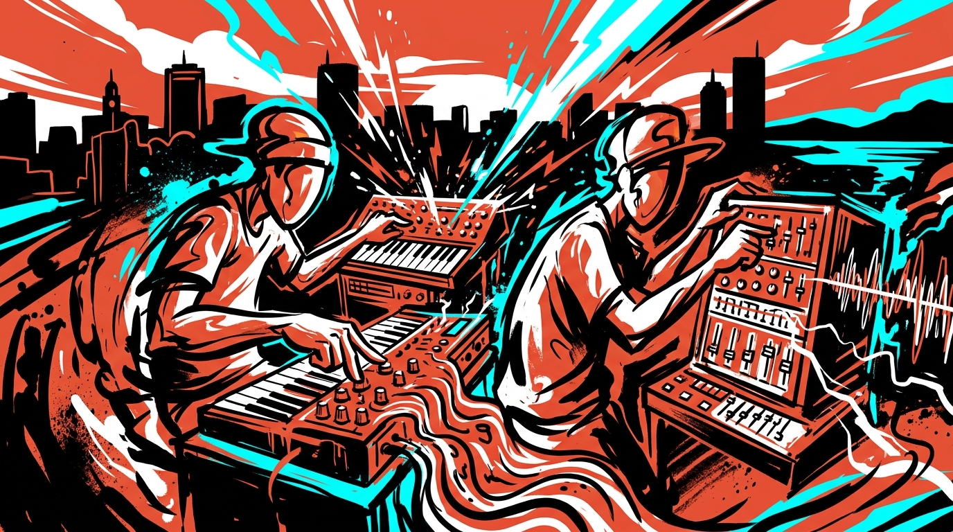 Ilustración de arte urbano sobre la colaboración en vivo de LATIN MAFIA y Fred Again.. con elementos musicales y de Valencia.