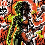 Ilustración urbana sobre Charli XCX, su música rock y dudas sobre la fama y el matrimonio, con guitarra y ojo guiñando.