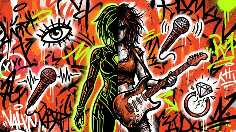 Ilustración urbana sobre Charli XCX, su música rock y dudas sobre la fama y el matrimonio, con guitarra y ojo guiñando.