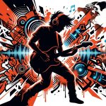 Ilustración del éxito de Ricardo Arjona y su gira. Arte urbano con un músico, una ciudad y un mapa en naranja y negro.