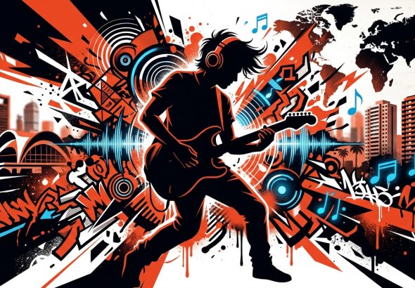 Ilustración del éxito de Ricardo Arjona y su gira. Arte urbano con un músico, una ciudad y un mapa en naranja y negro.