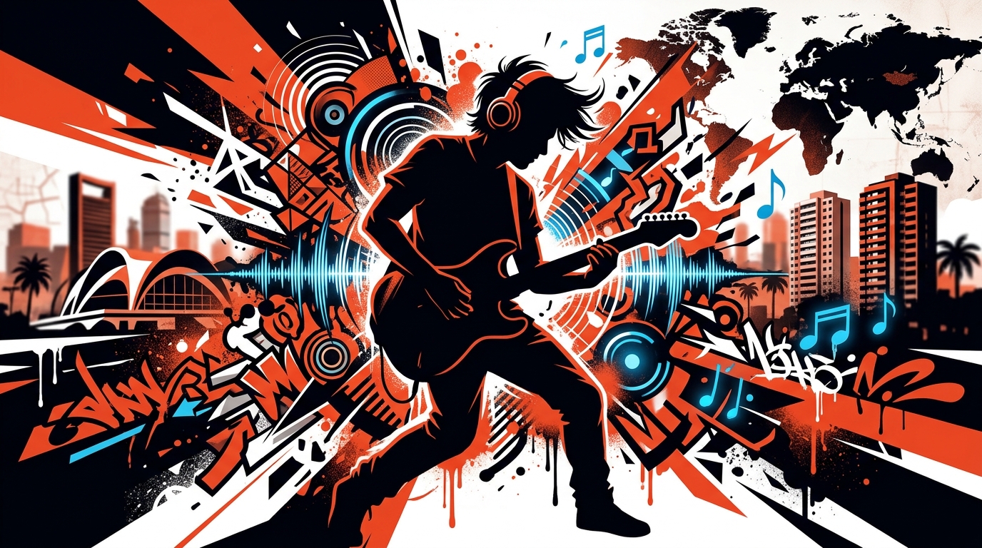 Ilustración del éxito de Ricardo Arjona y su gira. Arte urbano con un músico, una ciudad y un mapa en naranja y negro.